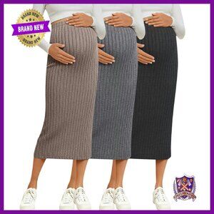 3 Pack Maternity Skirt Over Belly Adjustable Ribbed Stretchy Pencil